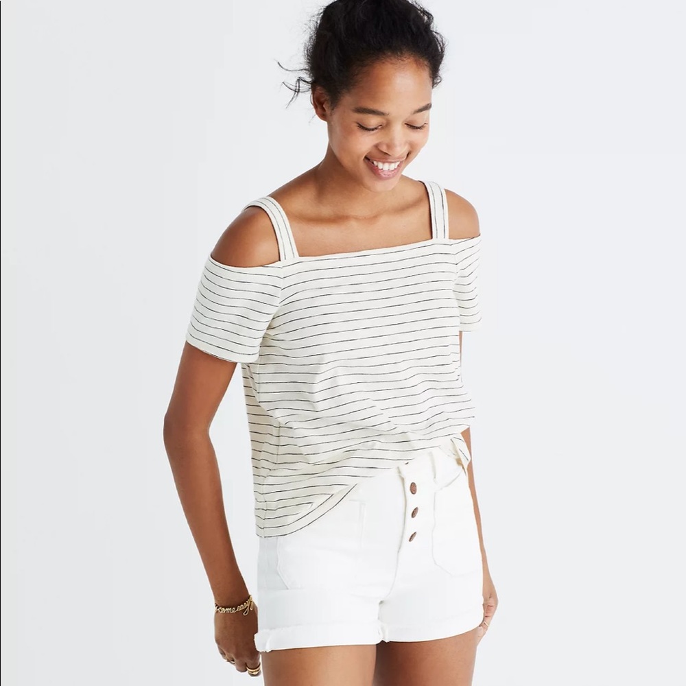 Madewell Cold-Shoulder Tee in Bellamy Stripe Ivory and Navy xxs